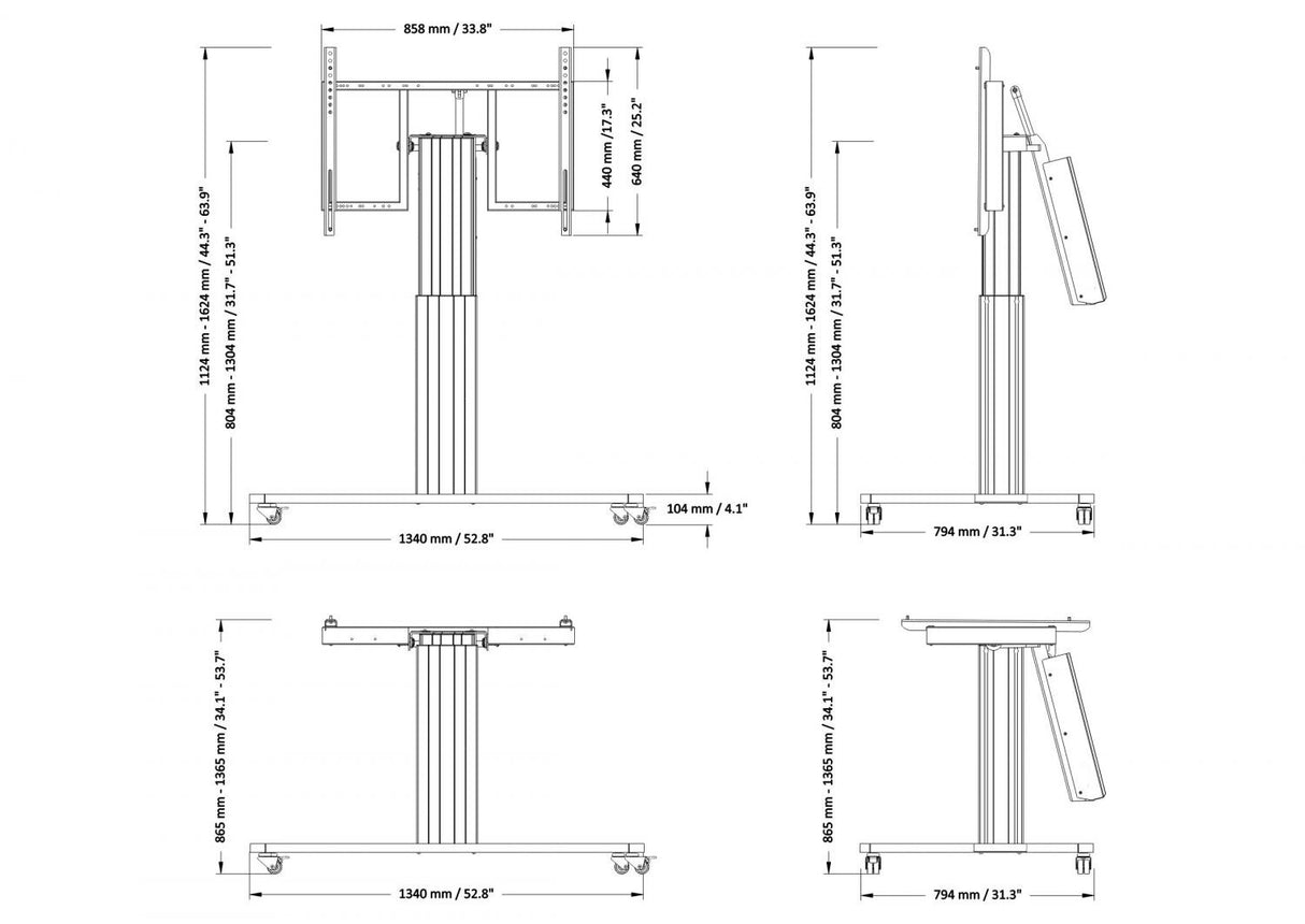 Conen Mounts Motorized mobile height and tilt adjustable monitor stand, 50 cm of vertical travel